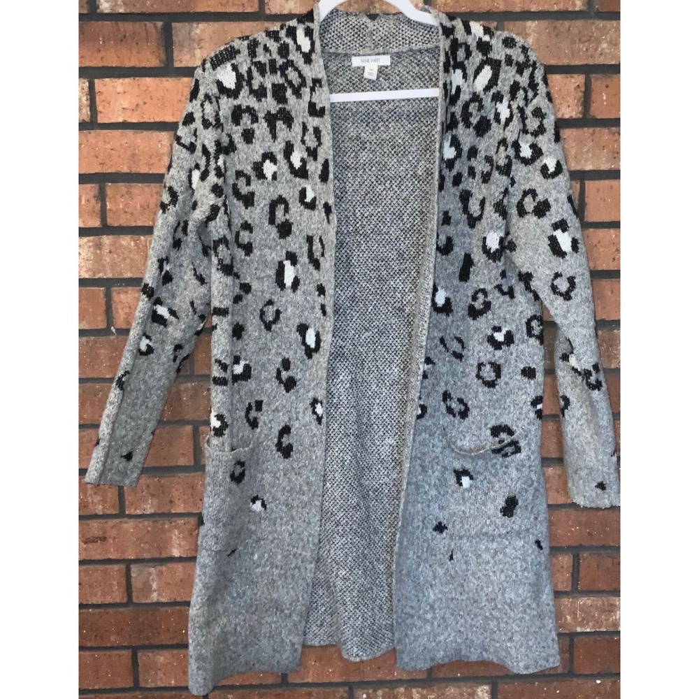 Nine West Womens Grey Black Leopard Print Open Front Longline Cardigan Sweater M